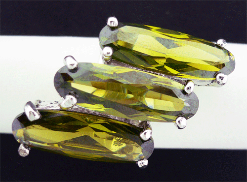 Green Swarovski Silver Women's Ring with 3 Oval Stones
