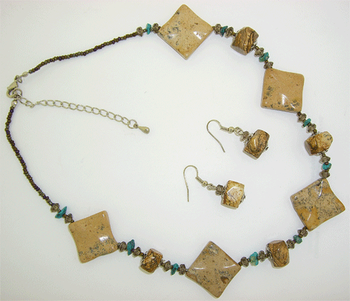 Beige Jasper Natural Stone Necklace with turquoise gemstones and dark gray crystals