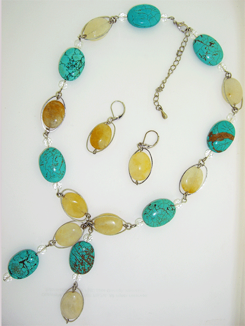 Handcrafted turquoise and white natural stone necklace with matching earrings