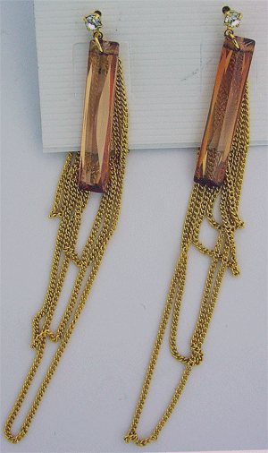 Elegant Champaign Swarovski drop golden earrings featuring rectangular crystals cascading on a gold chain