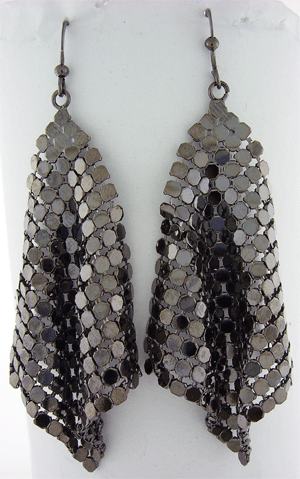 Black stainless steel drop earrings showing intricate modern design