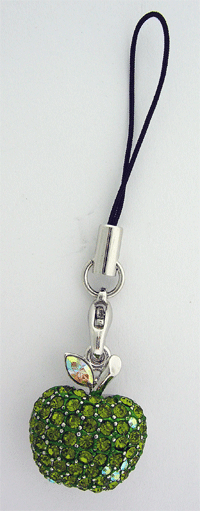 Close-up view of the Green Apple Swarovski Cell Phone hanger showing precision crystal cuts