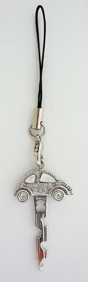 Premium silver-toned car shaped cell phone hanger adorned with sparkling Swarovski crystals