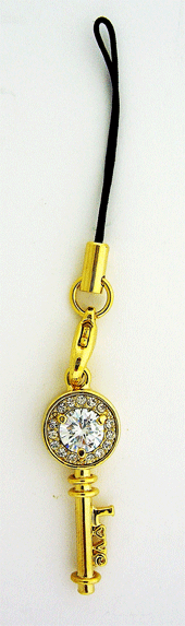 Detailed view of the Gold Key Shaped Cell Phone hanger with Swarovski stones