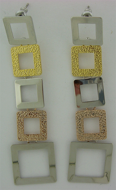 Gold, Copper and Silver toned multi-layered dangle earring with hammered square design