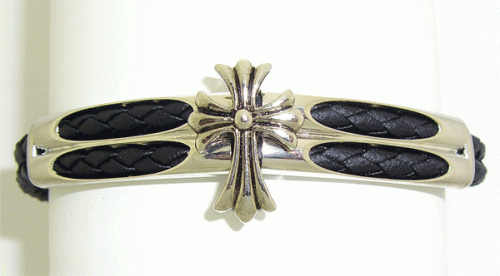 Black rubber male bracelet featuring a 20mm by 15mm silver-toned cross centerpiece