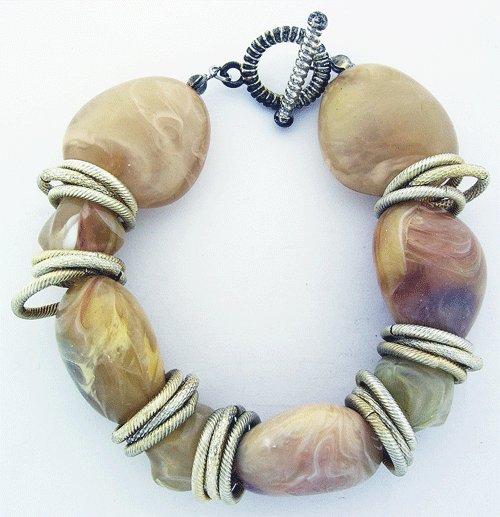 Beautiful Beige Plastic Stretch Bracelet with large beads and modern clasp