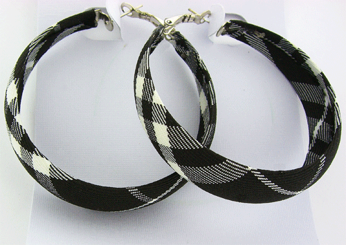 Detailed view of the Black and White plaid fabric round hoop earrings showing pattern and texture