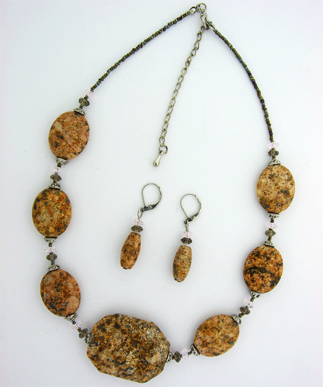 Close-up view of the natural stone Picture Jasper Necklace and matching drop earrings