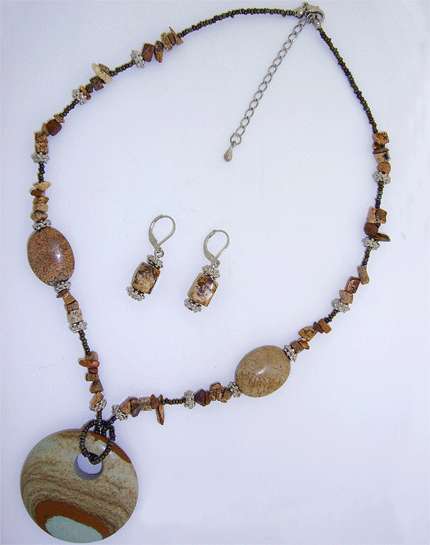 Light and Dark Brown Picture Jasper Natural Stone Necklace and Earrings Set