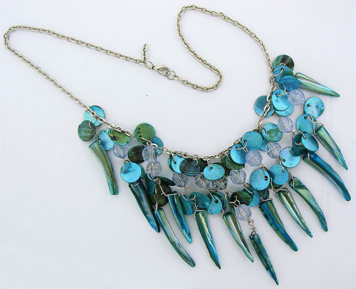 Handcrafted Blue Shell Necklace with intricate silver-toned chain detailing