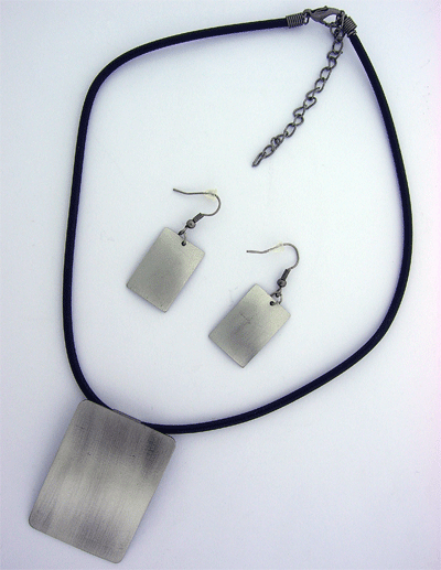Modern Sterling Silver Earrings and Rectangular Pendant Set with Rubber Necklace