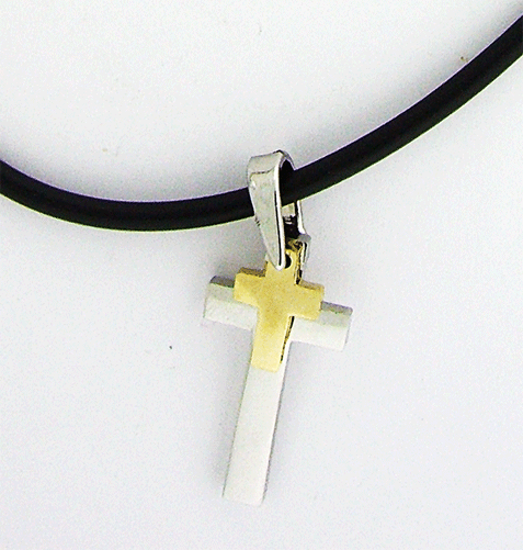 Rubber necklace with highly detailed silver cross pendant