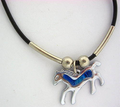 Exquisite Blue Horse Charm Pendant suspended on a sleek black rubber necklace