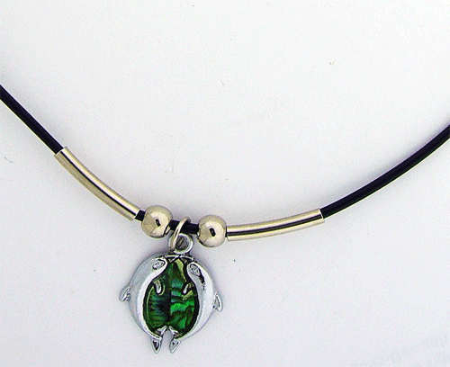 Beautiful Two Kissing Dolphin Charm Pendant crafted from precious materials resting on a black rubber necklace