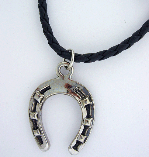 Silver Horseshoe Pendant Good Luck Charm on Adjustable Rubber Necklace