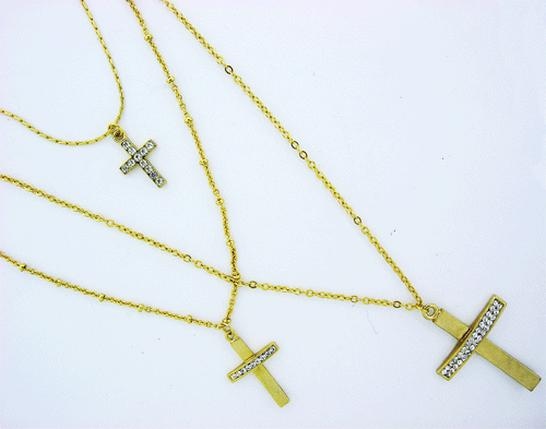 Three-Layer Golden Cross Pendant with Swarovski crystals reflecting vibrant rainbow spectrums