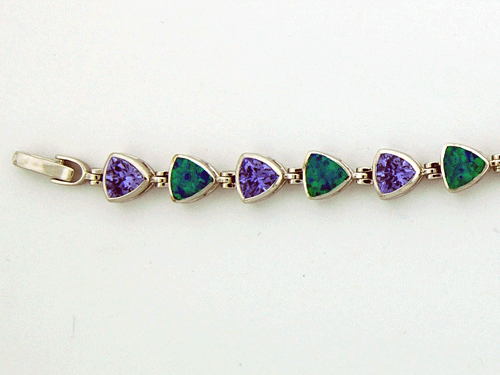 Detailed view of the intricate Blue Opal Sterling Silver Bracelet with amethyst gemstones