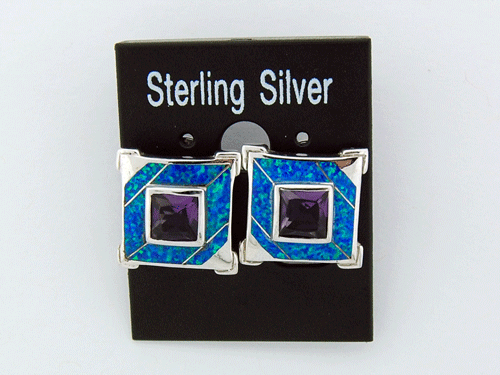 Vintage-style Sterling Silver (925) earrings featuring a brilliant blue fine opal and central purple amethyst gemstone