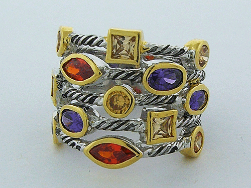 Exquisite Cable Confetti Ring featuring five rows of silver and mixed gemstone stations