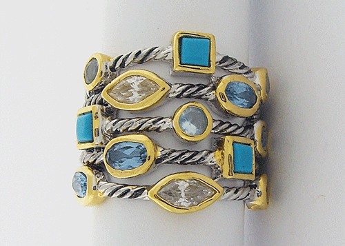 925 Sterling Silver and 14K Yellow Gold Cable Turquoise Ring with Blue Topaz and White Peridot