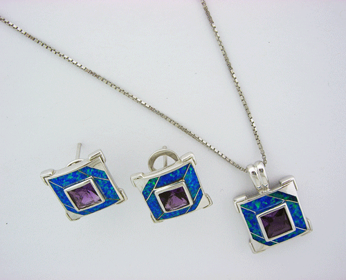 Exquisite Blue Opal Pendant and matching Earrings set in 925 Sterling Silver with a Purple Amethyst center