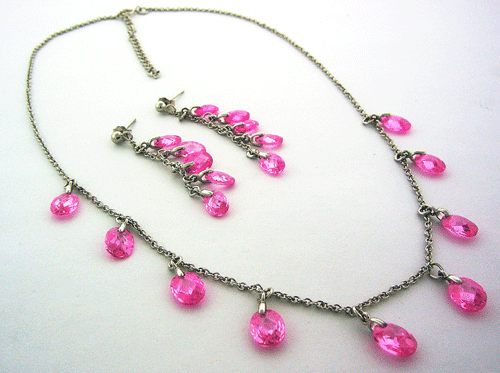 Pink Simulated Diamond Necklace in Sterling Silver with Earrings
