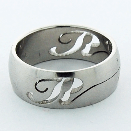 Detailed view of the Stainless Steel Laser Cut R Initial Band highlighting its polished 316L material and 8mm width
