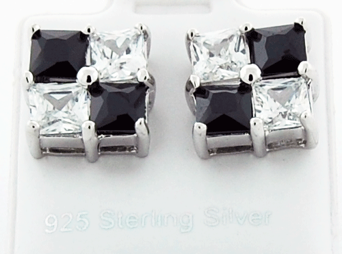 Square shape 925 sterling silver black and white CZ earrings
