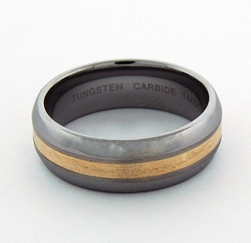 Durable Tungsten Carbide Wedding Band featuring a striking center 14K Gold Inlay