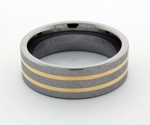 Detailed view of a Tungsten 14K Gold Inlay Band showcasing the polished metallic finish and central gold accent