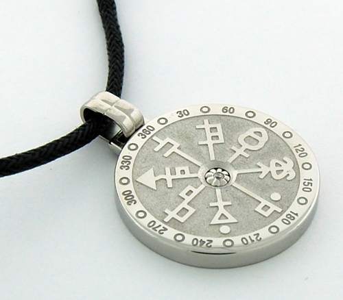 Stainless Steel Circle Pendant with engraved ancient symbols on a black rubber necklace