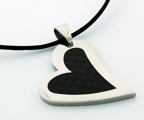 Stainless Steel Heart Pendant with carbon fiber inlay and rubber necklace