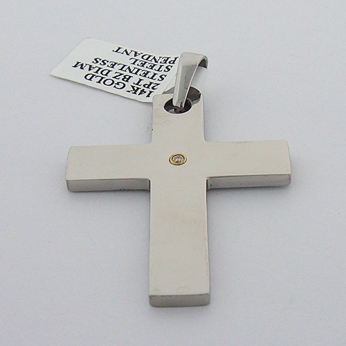 A highly detailed view of the Stainless Steel Cross Pendant featuring 14K gold and a center diamond