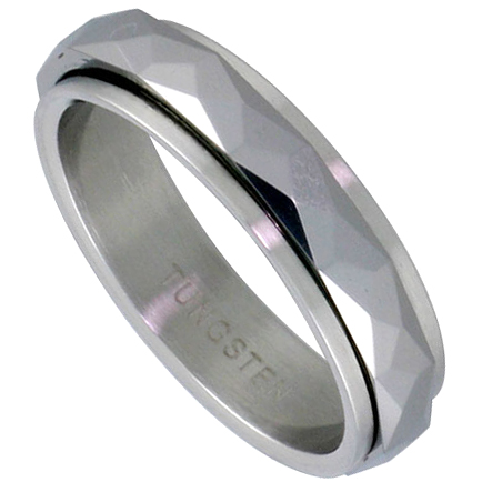 High-polished faceted tungsten carbide and stainless steel spinner ring displaying its rugged modern design