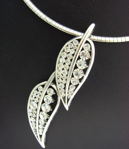 Clear Crystal Leaves silver-toned pendant necklace shining on display