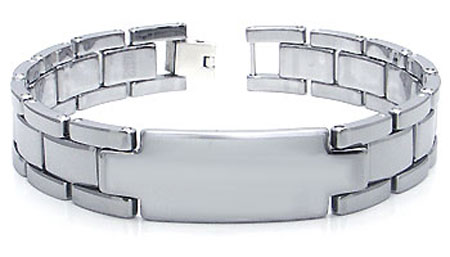A highly polished gunmetal Tungsten Carbide Men's ID Link Bracelet showing detailed craftsmanship