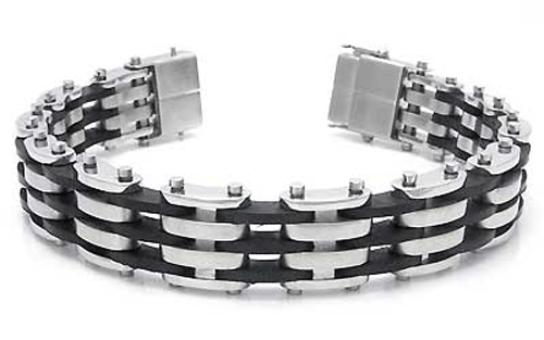 Detailed view of the Stainless Steel Mechanic Link Men's Bracelet with black rubber accents