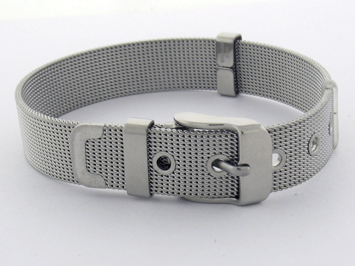 Detailed view of the 316L Stainless Steel Belt Bracelet showcasing its polished finish and buckle design