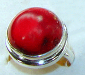 A detailed view of the 925 Sterling Silver Ring featuring a vibrant round Red Coral gemstone