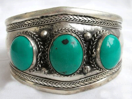 Magnificent Natural Turquoise Bangle Bracelet with three large oval gemstone beads in Tibet Silver setting