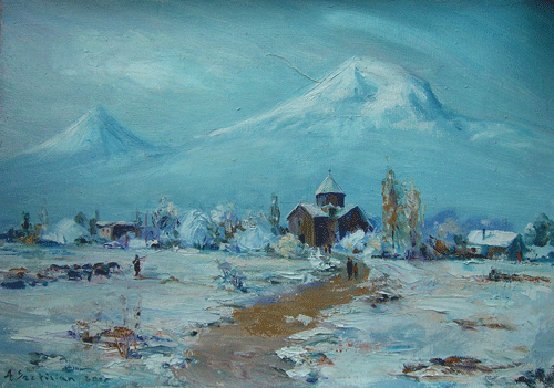 Mount Ararat at Winter Original Oil Painting by Andranik Sargisian, depicting the famous snowy peaks of Armenia