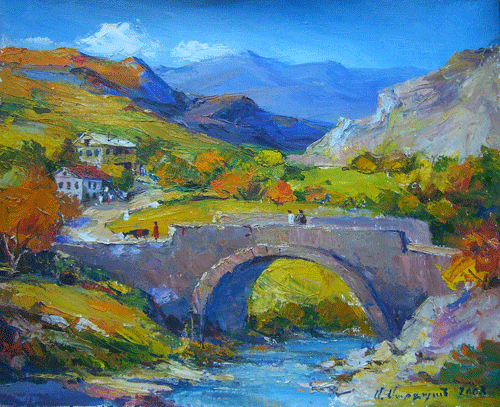 The Village Bridge Oil Painting by Andranik Sargisian - Original fine art gallery canvas