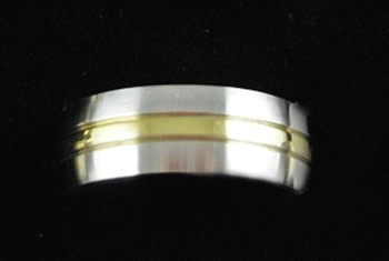 Detailed view of the Stainless Steel Gold inlay 9mm Polished Band jewelry piece showcasing the central gold stripe and silver finish