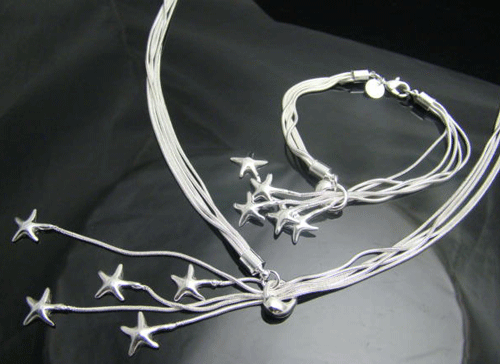 Five-Star Charm 925 Sterling Silver Necklace and Bracelet Set Display