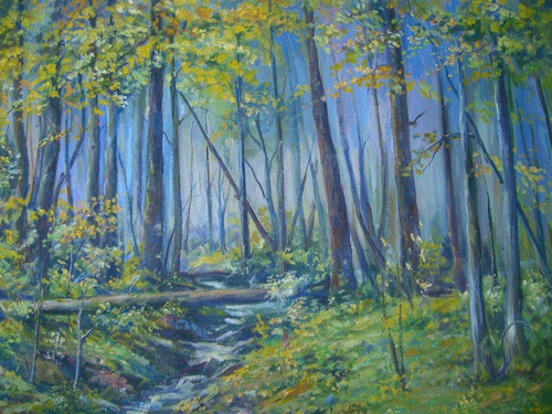 Detailed view of the River in the Wood Original Oil Painting