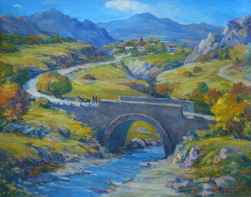 A detailed view of the Bridge Original Oil Painting showing a picturesque village and a serene river