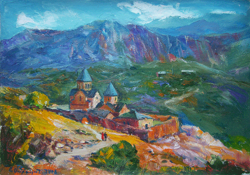 Church in the Mountains Oil Painting by Andranik Sargisian on high-quality canvas showing a historic mountain church landscape