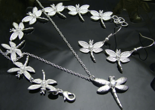 Elegant 925 Sterling Silver Dragonfly Bracelet, Necklace and Ring Set with CZ Crystals