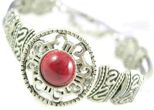 Detailed view of the Red Coral Tibet Silver Bracelet showing artisan craftsmanship